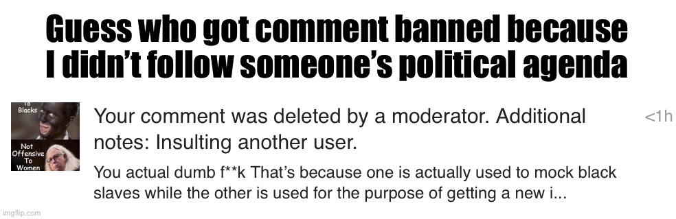 So much for the politics stream saying free speech is no longer available | Guess who got comment banned because I didn’t follow someone’s political agenda | made w/ Imgflip meme maker