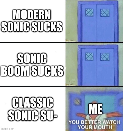 You better watch your mouth | MODERN SONIC SUCKS; SONIC BOOM SUCKS; CLASSIC SONIC SU-; ME | image tagged in you better watch your mouth | made w/ Imgflip meme maker