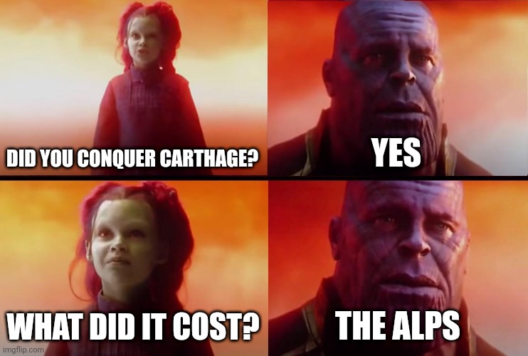 Is that all we fight? | DID YOU CONQUER CARTHAGE? YES; WHAT DID IT COST? THE ALPS | image tagged in thanos what did it cost,memes | made w/ Imgflip meme maker