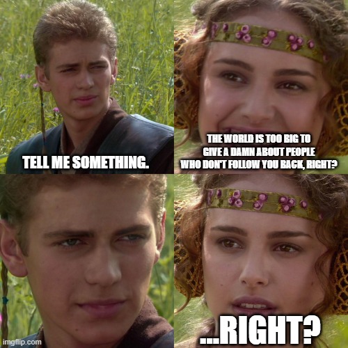 Anakin Padme 4 Panel | THE WORLD IS TOO BIG TO GIVE A DAMN ABOUT PEOPLE WHO DON'T FOLLOW YOU BACK, RIGHT? TELL ME SOMETHING. ...RIGHT? | image tagged in anakin padme 4 panel | made w/ Imgflip meme maker