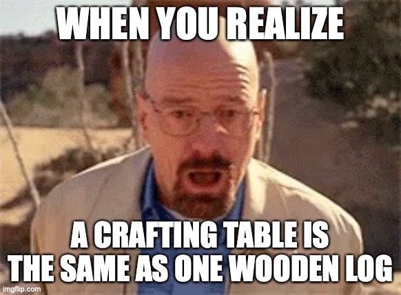 does that mean logs are crafting tables | WHEN YOU REALIZE; A CRAFTING TABLE IS THE SAME AS ONE WOODEN LOG | image tagged in walter white | made w/ Imgflip meme maker