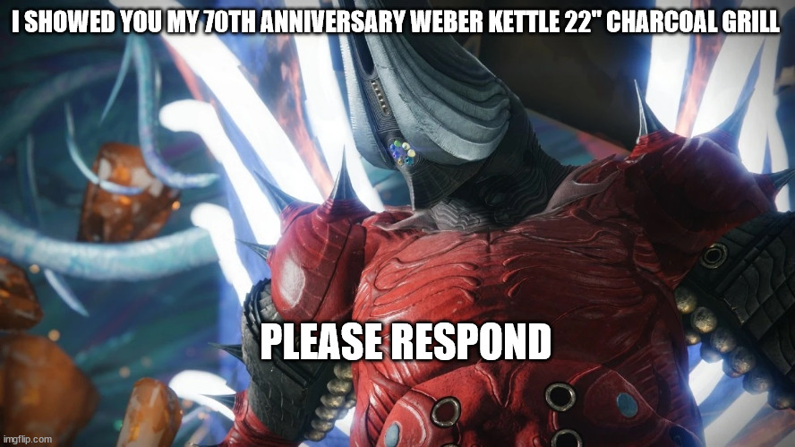 Dadzerec | I SHOWED YOU MY 70TH ANNIVERSARY WEBER KETTLE 22" CHARCOAL GRILL; PLEASE RESPOND | image tagged in destiny 2,dad | made w/ Imgflip meme maker