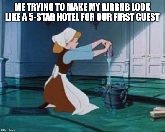 Airbnb hosting | ME TRYING TO MAKE MY AIRBNB LOOK LIKE A 5-STAR HOTEL FOR OUR FIRST GUEST | image tagged in cinderella cleaning,airbnb | made w/ Imgflip meme maker