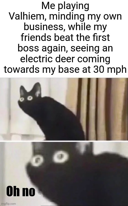 Every Valhiem player has experienced this | Me playing Valhiem, minding my own business, while my friends beat the first boss again, seeing an electric deer coming towards my base at 30 mph; Oh no | image tagged in oh no black cat | made w/ Imgflip meme maker