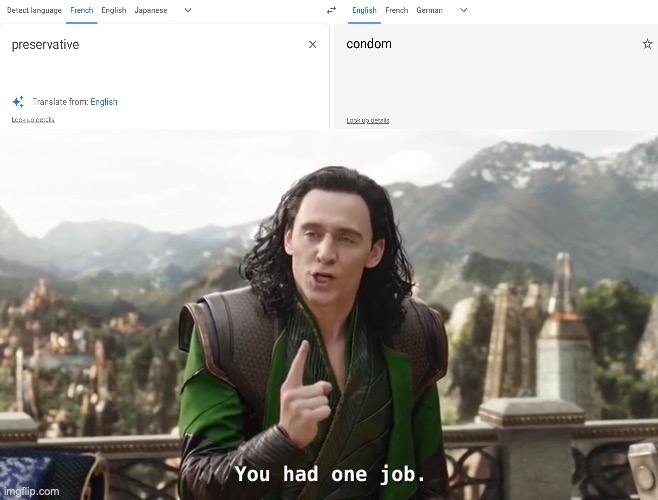 Some whacky translation I have found today | image tagged in you had one job just the one,preservative,means,conservative,in,french | made w/ Imgflip meme maker