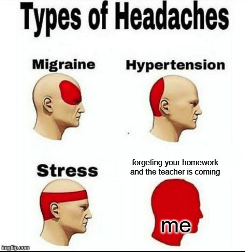 homework | forgeting your homework and the teacher is coming; me | image tagged in types of headaches meme,school,stress,homework | made w/ Imgflip meme maker