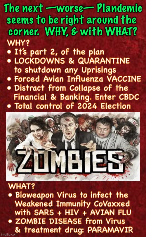 Can’t have a proper Apocalypse, without Zombies | The next —worse— Plandemic
seems to be right around the 
corner.  WHY, & with WHAT? WHY?  
• It’s part 2, of the plan
• LOCKDOWNS & QUARANTINE
  to shutdown any Uprisings
• Forced Avian Influenza VACCINE
• Distract from Collapse of the
  Financial & Banking. Enter CBDC
• Total control of 2024 Election; WHAT?
• Bioweapon Virus to infect the
  Weakened Immunity CoVaxxed
  with SARS + HIV + AVIAN FLU
• ZOMBIE DISEASE from Virus
  & treatment drug: PARAMAVIR | image tagged in memes,leftist globalists drop the next bomb,pushing depop,1st vax weakened ur immunity,now ur prime targets,fjb voters kissmyass | made w/ Imgflip meme maker