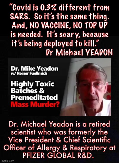 This guy knows the reality, and speaks it | “Covid is 0.3% different from
SARS.  So it’s the same thing.
And, NO VACCINE, NO TOP UP
is needed.  It’s scary, because
it’s being deployed to kill.”    

                   Dr Michael YEADON; Dr. Michael Yeadon is a retired
scientist who was formerly the
Vice President & Chief Scientific
Officer of Allergy & Respiratory at
PFIZER GLOBAL R&D. | image tagged in memes,leftist globalists are evil crazy,who else could kill millions on purpose,evil and leftist,fjb voters kissmyass | made w/ Imgflip meme maker