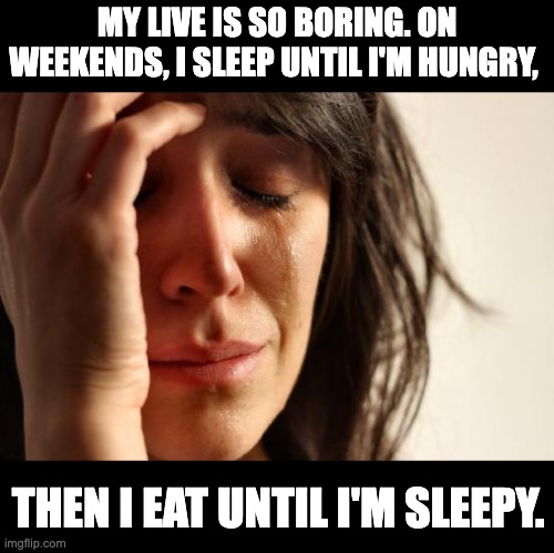 Boring | MY LIVE IS SO BORING. ON WEEKENDS, I SLEEP UNTIL I'M HUNGRY, THEN I EAT UNTIL I'M SLEEPY. | image tagged in memes,first world problems | made w/ Imgflip meme maker