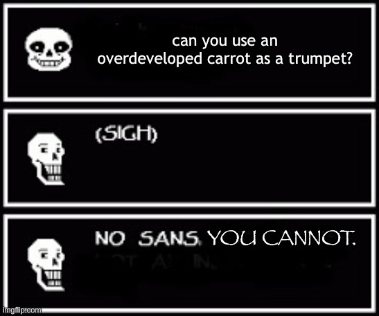 Sans and Papyrus | can you use an overdeveloped carrot as a trumpet? YOU CANNOT. | image tagged in sans and papyrus | made w/ Imgflip meme maker
