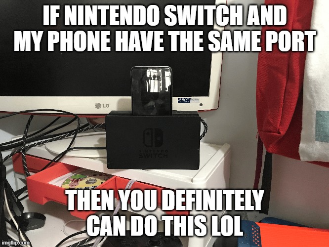 ayo nintendo switch x phone | IF NINTENDO SWITCH AND MY PHONE HAVE THE SAME PORT; THEN YOU DEFINITELY CAN DO THIS LOL | image tagged in funny | made w/ Imgflip meme maker