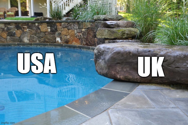 USA VS UK unit of measurement | UK; USA | image tagged in usa,uk,british,stone,swimming pool,weight | made w/ Imgflip meme maker