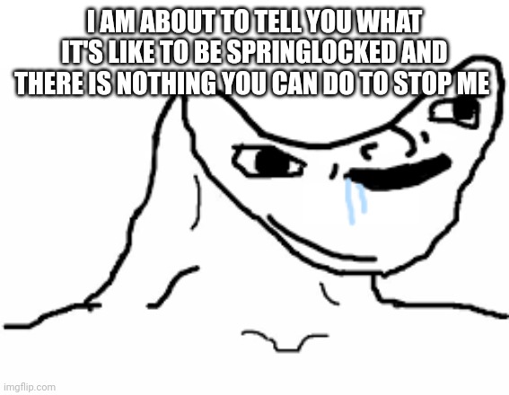 Try to stop me | I AM ABOUT TO TELL YOU WHAT IT'S LIKE TO BE SPRINGLOCKED AND THERE IS NOTHING YOU CAN DO TO STOP ME | image tagged in derp face | made w/ Imgflip meme maker