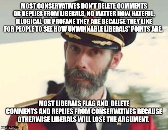 Captain Obvious | MOST CONSERVATIVES DON'T DELETE COMMENTS OR REPLIES FROM LIBERALS, NO MATTER HOW HATEFUL, ILLOGICAL OR PROFANE THEY ARE BECAUSE THEY LIKE FOR PEOPLE TO SEE HOW UNWINNABLE LIBERALS' POINTS ARE. MOST LIBERALS FLAG AND  DELETE COMMENTS AND REPLIES FROM CONSERVATIVES BECAUSE OTHERWISE LIBERALS WILL LOSE THE ARGUMENT. | image tagged in captain obvious | made w/ Imgflip meme maker