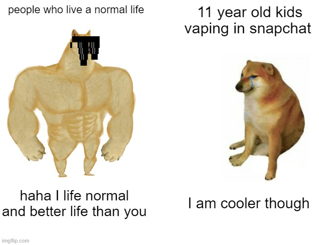 Buff Doge vs. Cheems Meme | people who live a normal life; 11 year old kids vaping in snapchat; haha I life normal and better life than you; I am cooler though | image tagged in memes,buff doge vs cheems | made w/ Imgflip meme maker