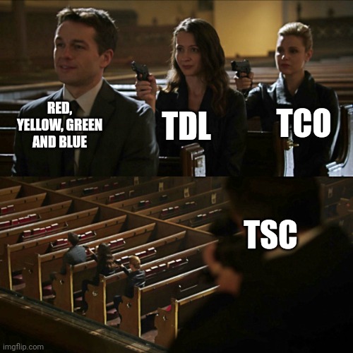 TSC is shooting at TDL | RED, YELLOW, GREEN AND BLUE; TCO; TDL; TSC | image tagged in assassination chain,ava,avm | made w/ Imgflip meme maker