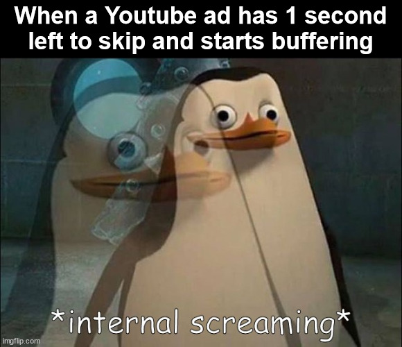 Makes me so angry | When a Youtube ad has 1 second left to skip and starts buffering | image tagged in private internal screaming,youtube,youtube ads,angery,oh wow are you actually reading these tags | made w/ Imgflip meme maker