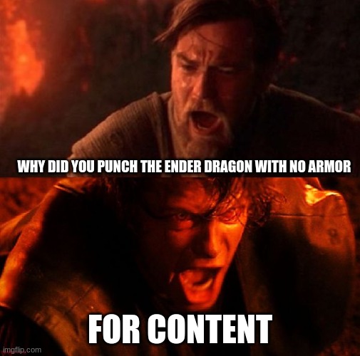 Ender Dragon | WHY DID YOU PUNCH THE ENDER DRAGON WITH NO ARMOR; FOR CONTENT | image tagged in anakin and obi wan | made w/ Imgflip meme maker