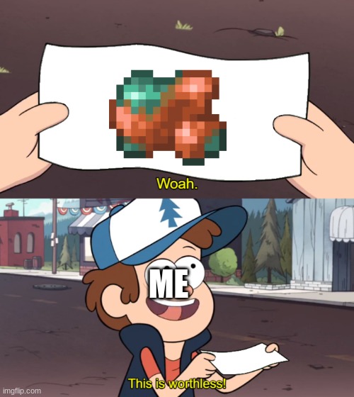 When i find copper in minecraft | ME | image tagged in this is worthless | made w/ Imgflip meme maker