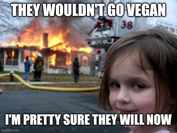 Extreme Reaction | THEY WOULDN'T GO VEGAN; I'M PRETTY SURE THEY WILL NOW | image tagged in memes,disaster girl,vegan,vegans,that vegan teacher,vegan4life | made w/ Imgflip meme maker