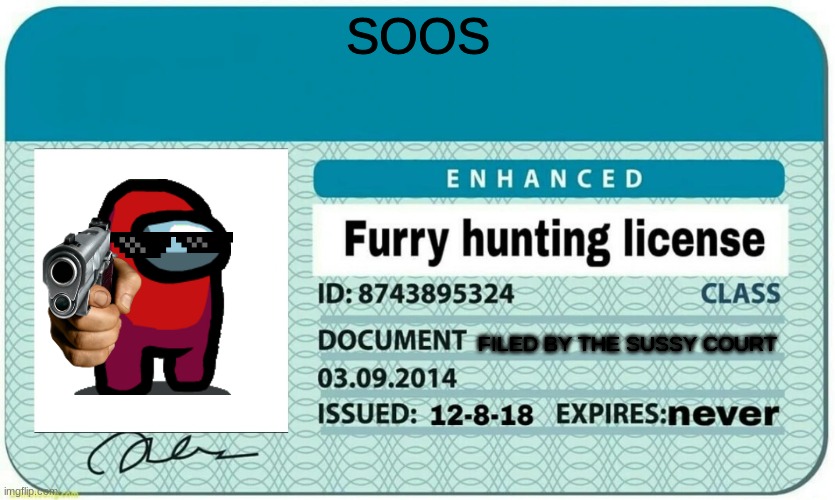 furry hunting license | SOOS; FILED BY THE SUSSY COURT | image tagged in furry hunting license | made w/ Imgflip meme maker