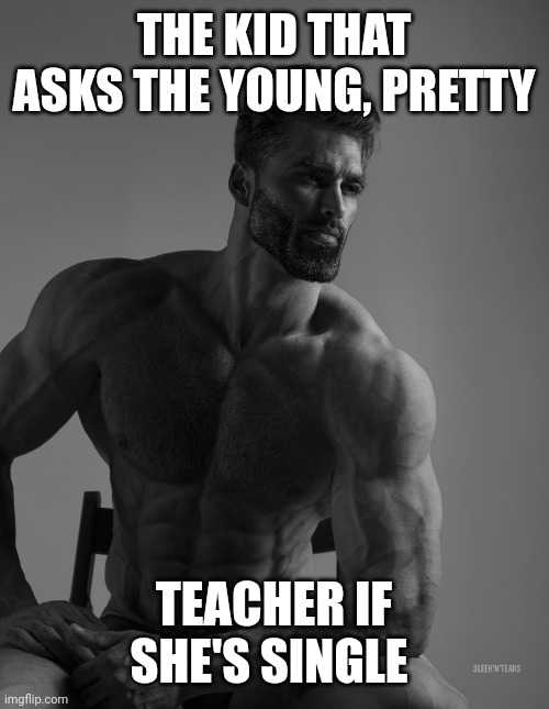 There's always that one kid | THE KID THAT ASKS THE YOUNG, PRETTY; TEACHER IF SHE'S SINGLE | image tagged in giga chad | made w/ Imgflip meme maker