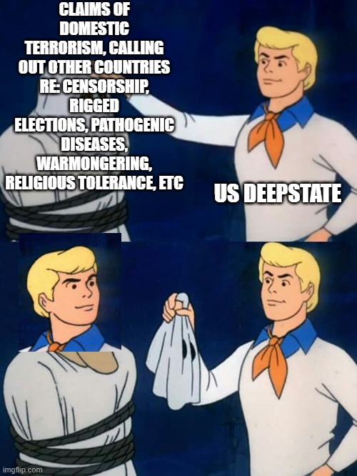 Scooby doo mask reveal | CLAIMS OF DOMESTIC TERRORISM, CALLING OUT OTHER COUNTRIES RE: CENSORSHIP, RIGGED ELECTIONS, PATHOGENIC DISEASES, WARMONGERING, RELIGIOUS TOLERANCE, ETC; US DEEPSTATE | image tagged in scooby doo mask reveal | made w/ Imgflip meme maker