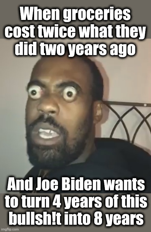 Please, no! | When groceries cost twice what they
did two years ago; And Joe Biden wants to turn 4 years of this
bullsh!t into 8 years | image tagged in big eyes,memes,joe biden,election 2024,democrats,inflation | made w/ Imgflip meme maker