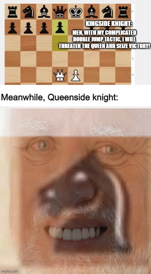 KINGSIDE KNIGHT: MEN, WITH MY COMPLICATED DOUBLE JUMP TACTIC, I WILL THREATEN THE QUEEN AND SEIZE VICTORY! Meanwhile, Queenside knight: | made w/ Imgflip meme maker