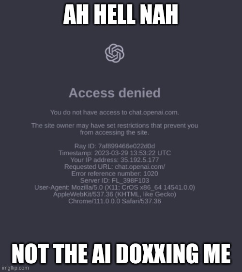 I can't belive it. Freaking unbelieavable | AH HELL NAH; NOT THE AI DOXXING ME | image tagged in chat gpt,ai,doxxed | made w/ Imgflip meme maker