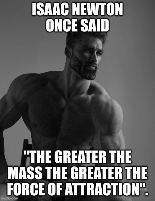 Giga Chad | ISAAC NEWTON ONCE SAID; "THE GREATER THE MASS THE GREATER THE FORCE OF ATTRACTION". | image tagged in giga chad | made w/ Imgflip meme maker