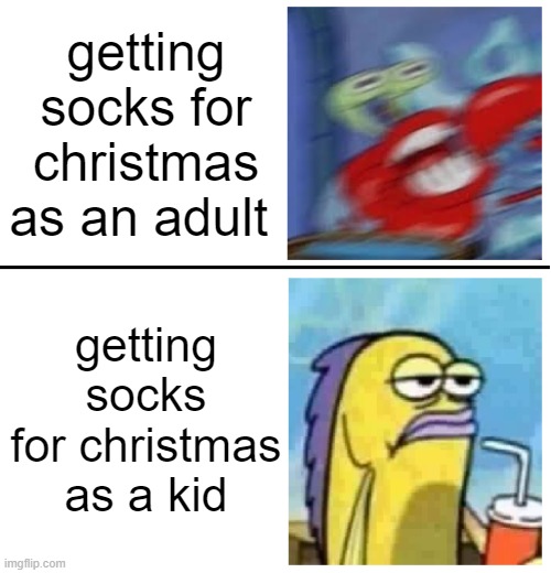 Excited vs Bored | getting socks for christmas as an adult; getting socks for christmas as a kid | image tagged in excited vs bored | made w/ Imgflip meme maker