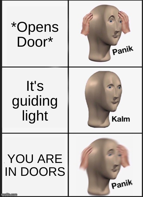 Panik Kalm Panik Meme | *Opens Door*; It's guiding light; YOU ARE IN DOORS | image tagged in memes,panik kalm panik | made w/ Imgflip meme maker