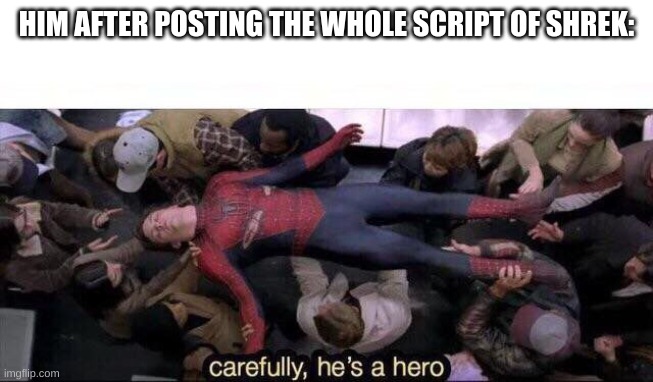 HIM AFTER POSTING THE WHOLE SCRIPT OF SHREK: | image tagged in carefully he's a hero | made w/ Imgflip meme maker