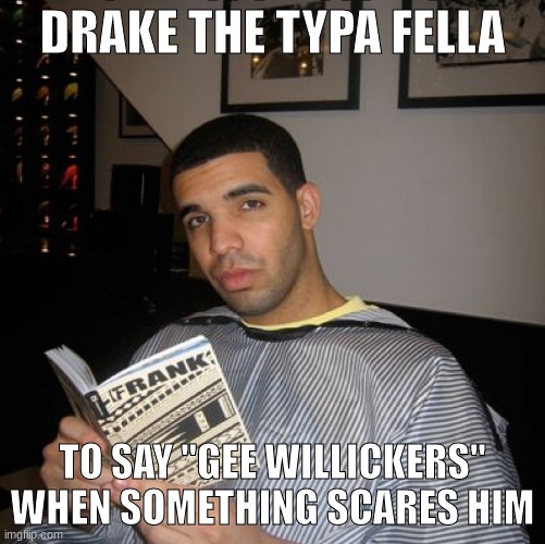 naw | DRAKE THE TYPA FELLA; TO SAY "GEE WILLICKERS" WHEN SOMETHING SCARES HIM | image tagged in bro did you just talk during independent reading time | made w/ Imgflip meme maker