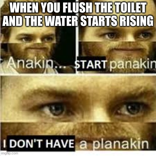 Oh no | WHEN YOU FLUSH THE TOILET AND THE WATER STARTS RISING | image tagged in anikan start panikan i dont have a planikan | made w/ Imgflip meme maker