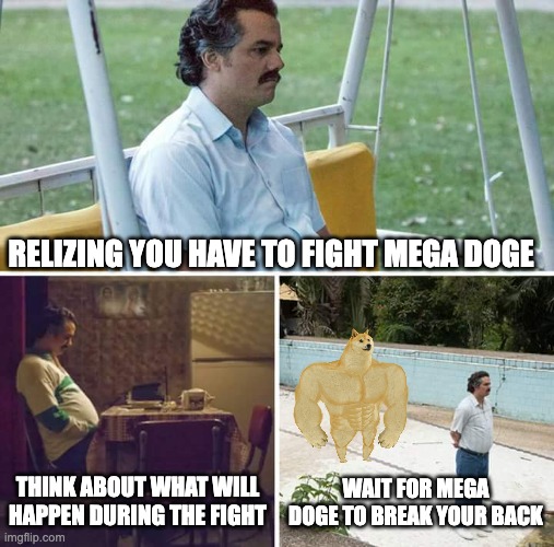 Sad Pablo Escobar | RELIZING YOU HAVE TO FIGHT MEGA DOGE; THINK ABOUT WHAT WILL HAPPEN DURING THE FIGHT; WAIT FOR MEGA DOGE TO BREAK YOUR BACK | image tagged in memes,sad pablo escobar,doge,fight,sad | made w/ Imgflip meme maker