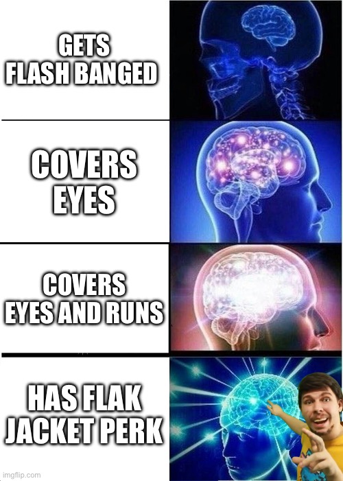 Haha lol | GETS FLASH BANGED; COVERS EYES; COVERS EYES AND RUNS; HAS FLAK JACKET PERK | image tagged in memes,expanding brain | made w/ Imgflip meme maker