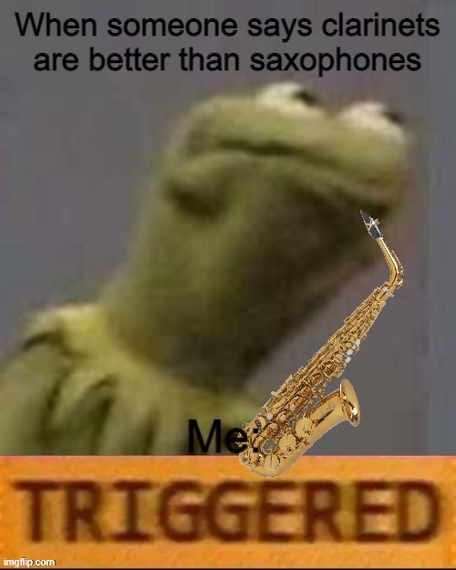 Saxes are best | When someone says clarinets are better than saxophones; Me: | image tagged in kermit triggered,fun | made w/ Imgflip meme maker
