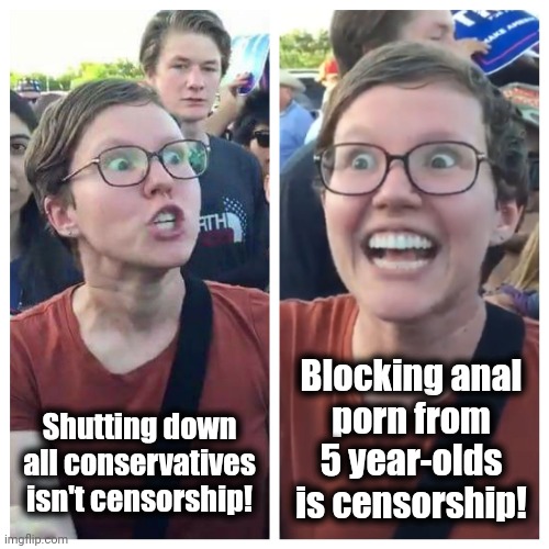 The lib attitude on censorship | Blocking anal
porn from
5 year-olds
is censorship! Shutting down all conservatives isn't censorship! | image tagged in social justice warrior hypocrisy,memes,democrats,joe biden,drag queen story hour,censorship | made w/ Imgflip meme maker