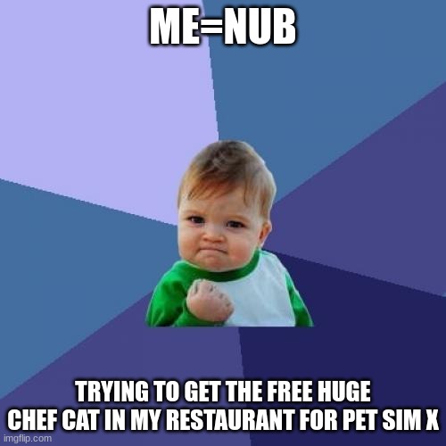 Success Kid | ME=NUB; TRYING TO GET THE FREE HUGE CHEF CAT IN MY RESTAURANT FOR PET SIM X | image tagged in memes,success kid | made w/ Imgflip meme maker