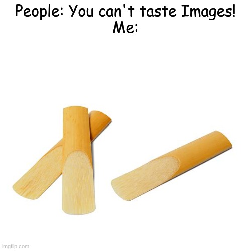 Only woodwind reed players will get this | People: You can't taste Images!
Me: | image tagged in reeds,meme,why are you reading the tags,literally stop reading the tags bro,why are you still reading these tags | made w/ Imgflip meme maker