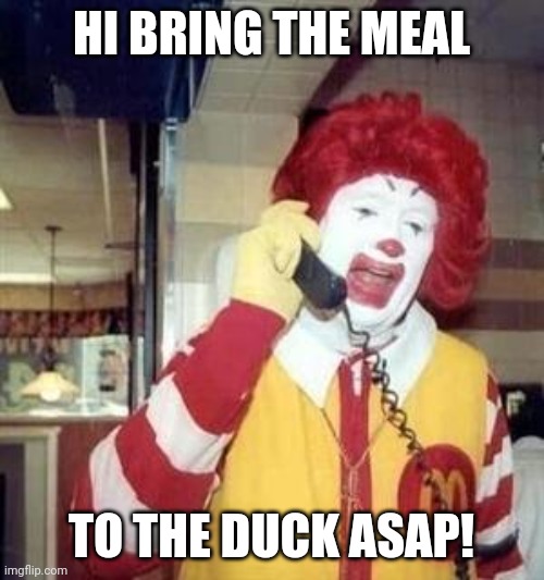 Ronald McDonald Temp | HI BRING THE MEAL TO THE DUCK ASAP! | image tagged in ronald mcdonald temp | made w/ Imgflip meme maker