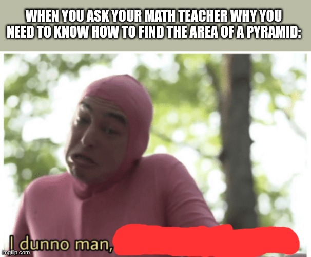 Idk man seems kinda gay | WHEN YOU ASK YOUR MATH TEACHER WHY YOU NEED TO KNOW HOW TO FIND THE AREA OF A PYRAMID: | image tagged in idk man seems kinda gay | made w/ Imgflip meme maker