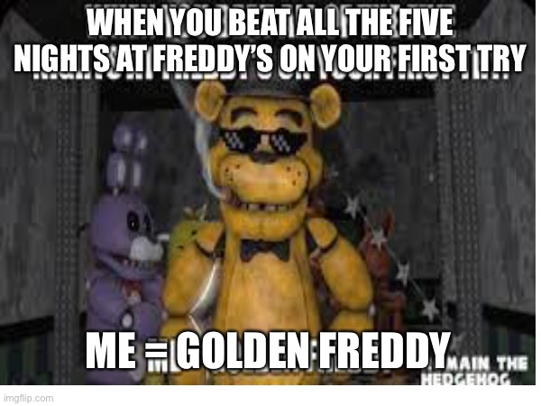 True very true | WHEN YOU BEAT ALL THE FIVE NIGHTS AT FREDDY’S ON YOUR FIRST TRY; ME = GOLDEN FREDDY | image tagged in fnaf | made w/ Imgflip meme maker