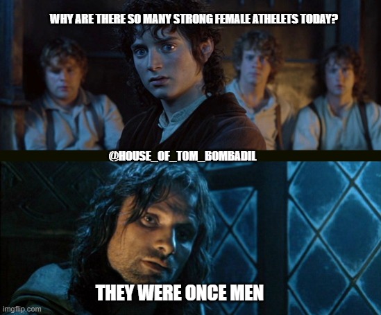 WHY ARE THERE SO MANY STRONG FEMALE ATHELETS TODAY? @HOUSE_OF_TOM_BOMBADIL; THEY WERE ONCE MEN | image tagged in lotr | made w/ Imgflip meme maker