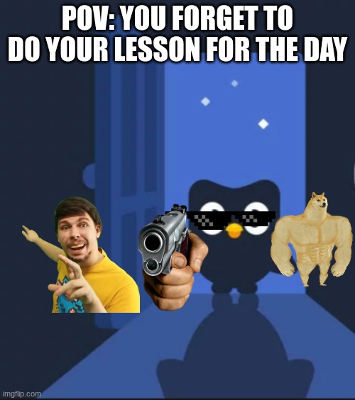 ALWAYS DO YOUR LESSON OR ELSE..... | POV: YOU FORGET TO DO YOUR LESSON FOR THE DAY | image tagged in duolingo bird | made w/ Imgflip meme maker