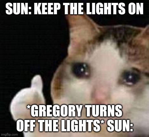 Keep the lights on | SUN: KEEP THE LIGHTS ON; *GREGORY TURNS OFF THE LIGHTS* SUN: | image tagged in approved crying cat,fnaf,fnaf security breach | made w/ Imgflip meme maker