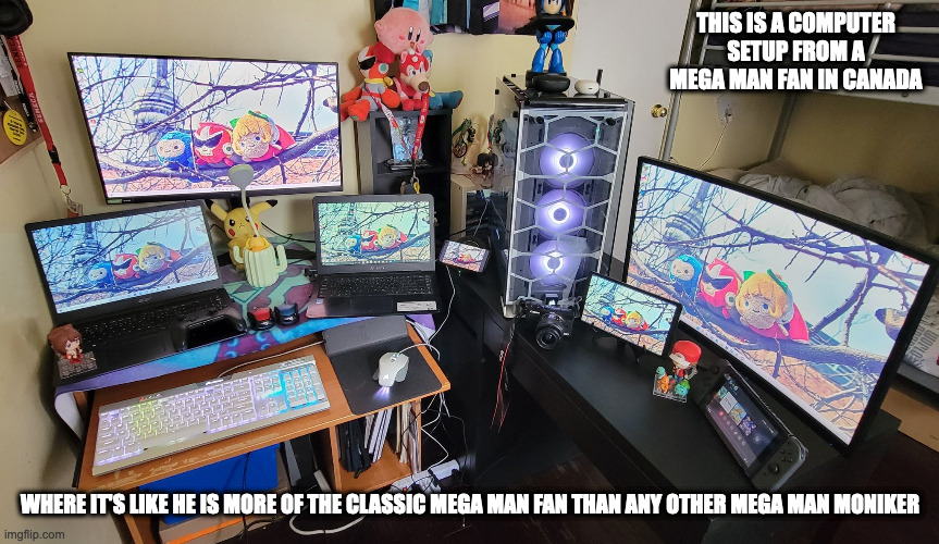 Mega Man Fan Computer Setup | THIS IS A COMPUTER SETUP FROM A MEGA MAN FAN IN CANADA; WHERE IT'S LIKE HE IS MORE OF THE CLASSIC MEGA MAN FAN THAN ANY OTHER MEGA MAN MONIKER | image tagged in megaman,computer,memes | made w/ Imgflip meme maker