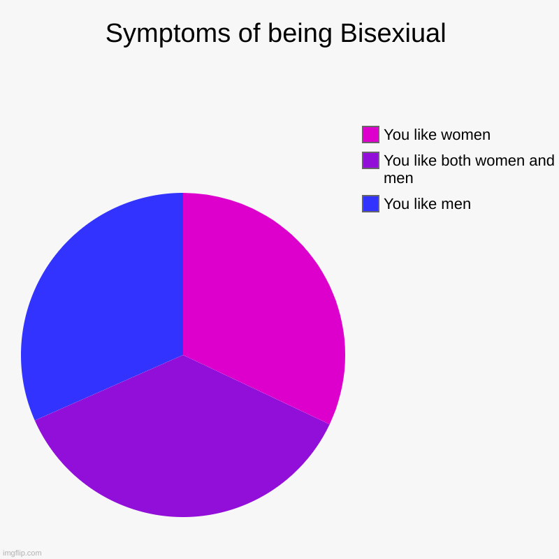 Symptoms of being Bisexiual | You like men, You like both women and men, You like women | image tagged in charts,pie charts | made w/ Imgflip chart maker